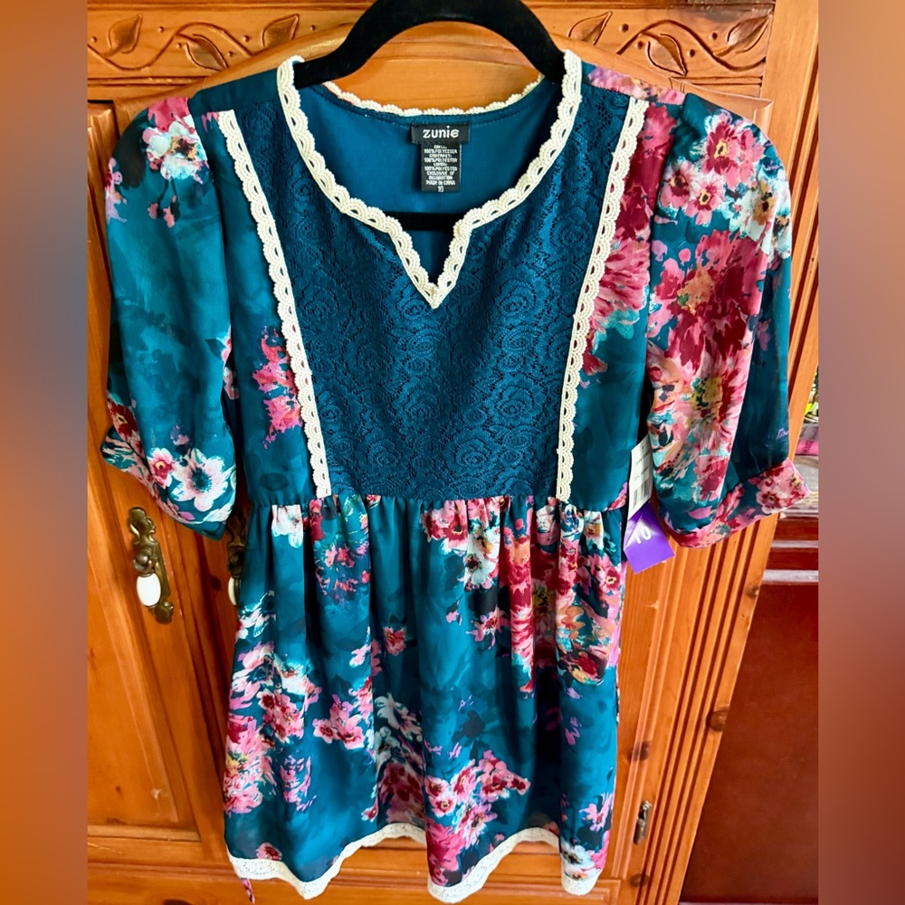 Zunie Girls Dress Teal & Berry Floral with ivory lace accents size 10